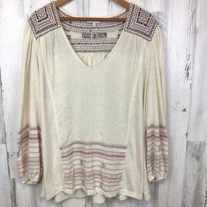 Lucky Brand 3X Long balloon Sleeve Embroidered Blouse V Neck Boho Tunic Aztec